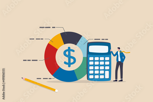 Cost structure, expense and income balance calculation, revenue, debt and investment analysis, money management, budget or saving concept, businessman with calculator with pie chart of cost structure. photo