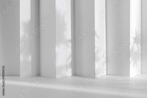 Abstract white 3d studio background for cosmetic product presentation. Empty grey room with shadows of window. Display product with blurred backdrop. © Lyubov