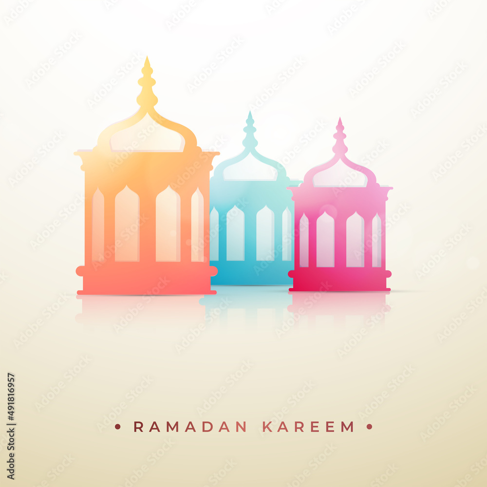 Ramadan Mubarak Concept With Glossy Colorful Lanterns On Beige Background.