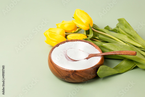 White powder with collagen on a wooden natural spoon in a wooden plate on a delicate green background. Natural beauty and health supplement for skin, bones, joints and gut. Plant or fish based.