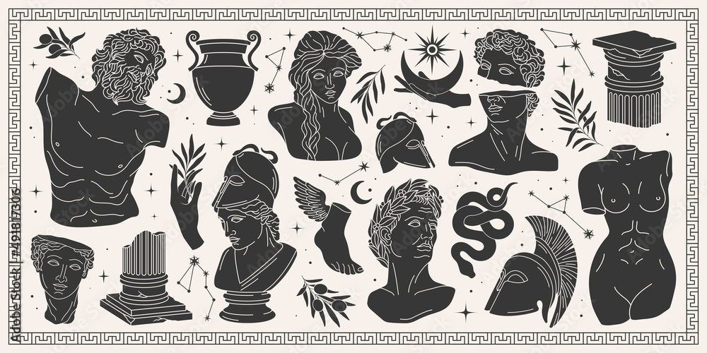 Antique aesthetics statues of mystical god, olive branches, hands, stars, ruined columns and pottery. Creative silhouette for poster design, wall, pattern. Isolated Greece statues in modern style