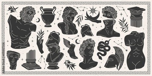 Antique aesthetics statues of mystical god, olive branches, hands, stars, ruined columns and pottery. Creative silhouette for poster design, wall, pattern. Isolated Greece statues in modern style photo