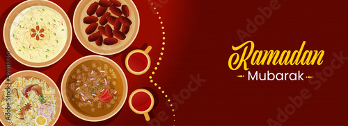 Ramadan Mubarak Banner Or Header Design With Top View Of Delicious Foods Against Red Background.