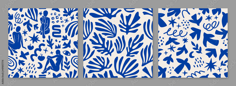Set of vector seamless pattern include women figures and plants inspired by Matisse. Cut paper different women poses for poster, logos, patterns and covers. Trendy minimal creative style