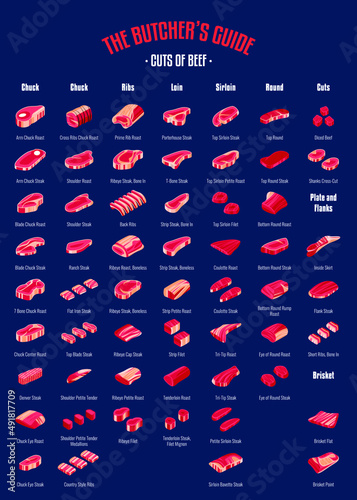 Meat and Beef cuts. Diagrams for butcher shop. Scheme of beef. Vector illustration. Beef butcher's guide. Used for cooking steak and roast - t-bone, rib eye, porterhouse, tomahawk, etc.