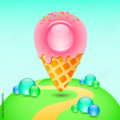 pink Ice cream cone on blue background. street food geotag logo.  location map pins pointer icon. combination of ice cream and pin location. colorful vector illustration.