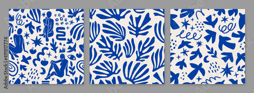 Leinwand Poster Set of vector seamless pattern include women figures and plants inspired by Matisse