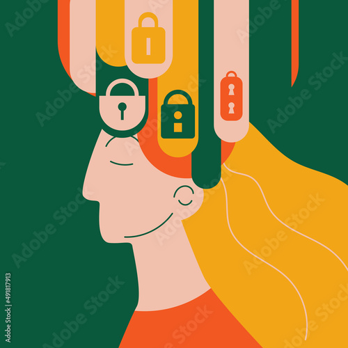 Therapy, psychology concept. Open mind. Philosophical metaphor of finding the inner self and accepting oneself. modern illustration about mental health.