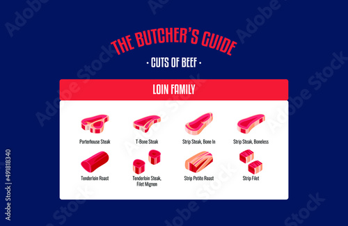 Meat and Beef cuts. Diagrams for butcher shop. Scheme of beef. Vector illustration. Beef butcher's guide. Used for cooking steak and roast - t-bone, rib eye, porterhouse, tomahawk, etc.