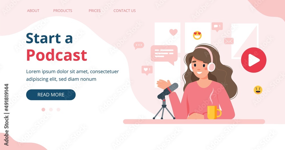Podcaster talking to microphone recording podcast. Landing page template vector illustration in flat style