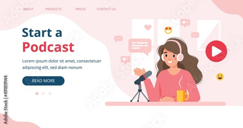 Podcaster talking to microphone recording podcast. Landing page template vector illustration in flat style