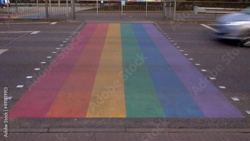 LGBTQ Rainbow pedestrian crossing in the city of Derry Londonderry in Northern Ireland linking the Guildhall to the Peace Bridge photo