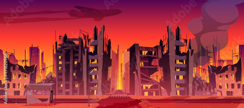 War on Ukraine concept, destroyed Ukrainian city in fire, abandoned burning broken buildings, urban infrastructure with smoke and flame. Bomb destruction, military campaign cartoon vector illustration
