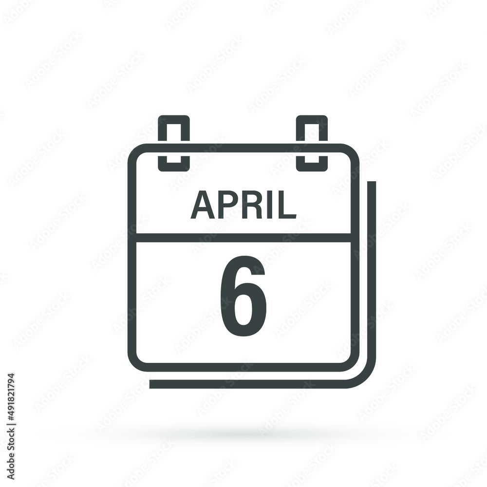 April 6, Calendar icon with shadow. Day, month. Flat vector illustration. April 6, Calendar icon with shadow. Day, month. Flat vector illustration.