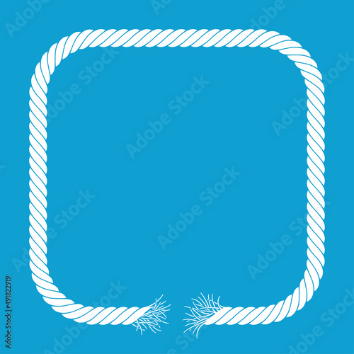 Vector white square torn rope frame. Broken rope. Blue background