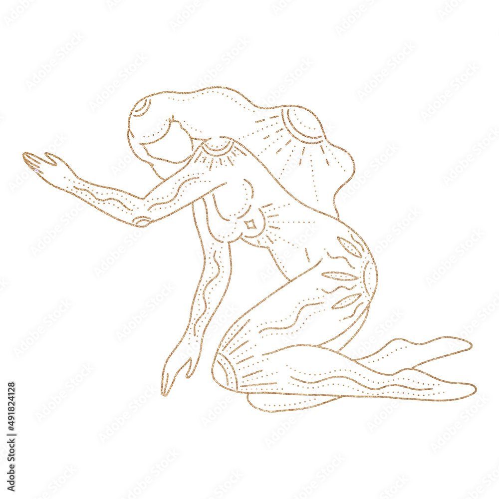 Woman body gold silhouette. Raster line art illustration of a female. Raster woman for creating fashion prints, postcard, wedding invitations, banners, arrangement illustrations, books, covers.