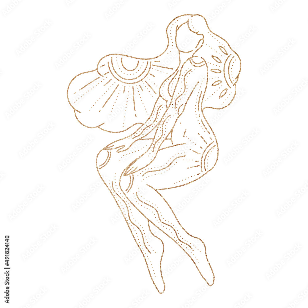 Woman body gold silhouette. Raster line art illustration of a female. Raster woman for creating fashion prints, postcard, wedding invitations, banners, arrangement illustrations, books, covers.