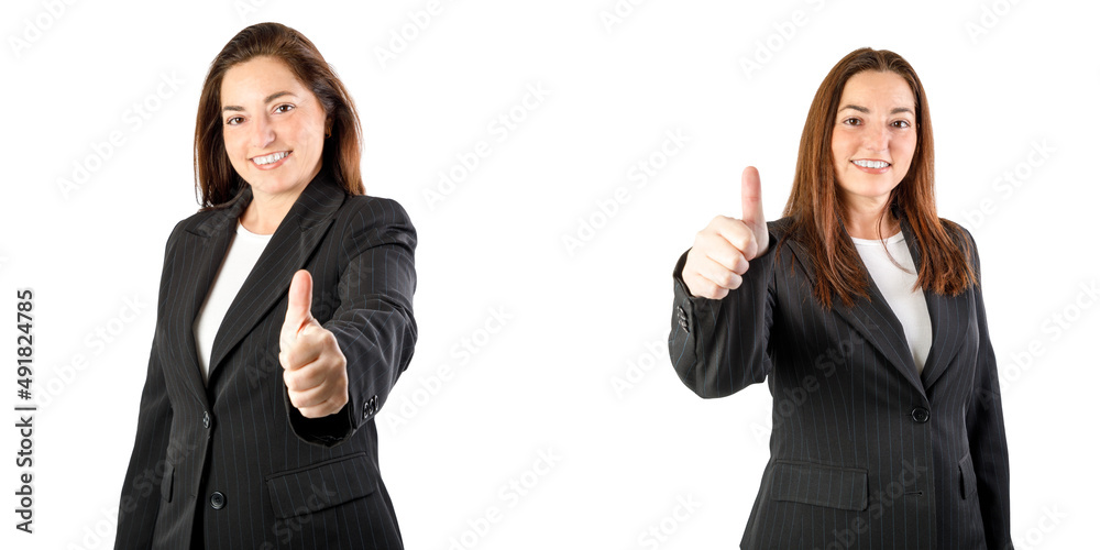 Business woman with thumb up. smiling looking at camera, wearing a suit. Isolated on white background. 40-45 years old caucasian woman. Set of images, various poses. Business woman with thumb up. smiling looking at camera, wearing a suit. Isolated on white background. 40-45 years old caucasian woman. Set of images, various poses.