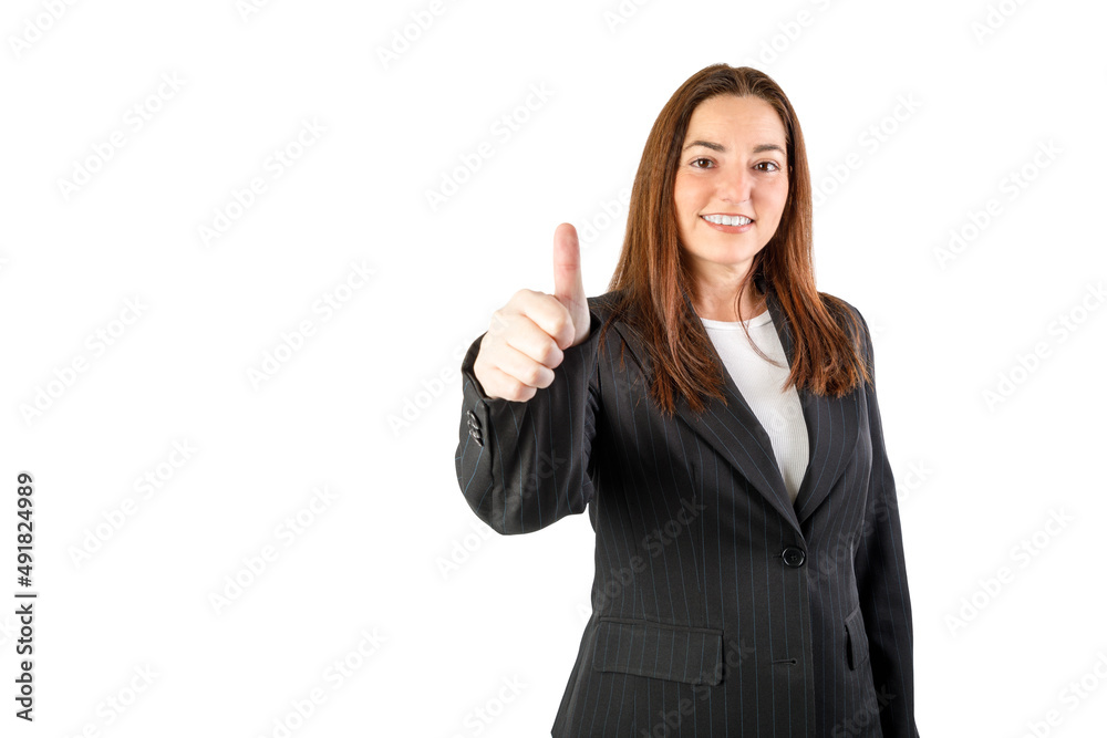 Business woman with thumb up. Isolated on white background. 40-45 years old caucasian woman. Business woman with thumb up. Isolated on white background. 40-45 years old caucasian woman.