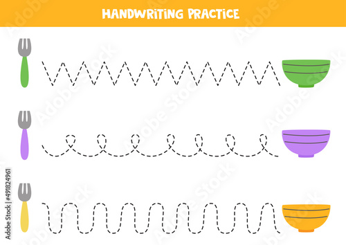 Tracing lines with colorful bowls and forks. Writing practice.