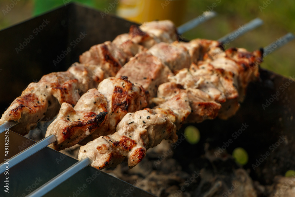Homemade preparing pork shashlik on charcoal outdoor in garden. Marinated pieces meat  on barbecue grill over charcoal.