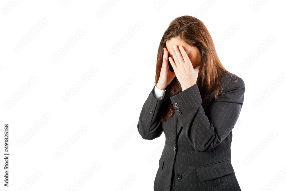 Worried woman with her hands in the face. Isolated on white background. 40-45 years old, caucasian business woman. Worried woman with her hands in the face. Isolated on white background. 40-45 years old, caucasian business woman.