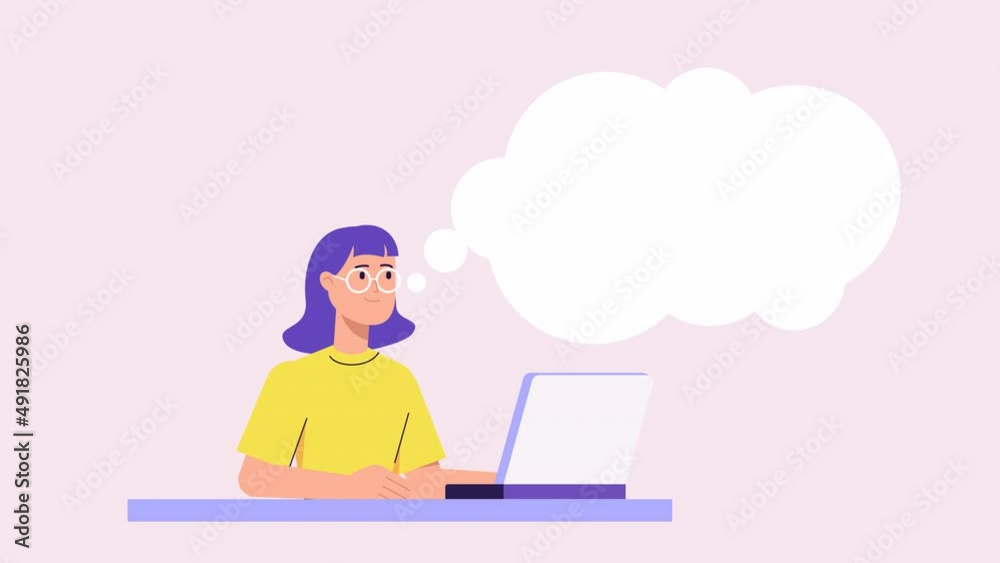 young woman with laptop animation. girl working at computer, speech bubble or thought bubble above her head with copy space for text. think, analyse. animated template video. Modern cartoon style