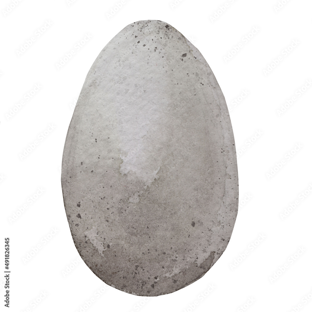 Easter gray egg with splashes. Watercolor illustration of food. Good to use for menus, postcards, restaurants, cafes, decor, stickers, fabric. Isolated on white background Easter gray egg with splashes. Watercolor illustration of food. Good to use for menus, postcards, restaurants, cafes, decor, stickers, fabric. Isolated on white background
