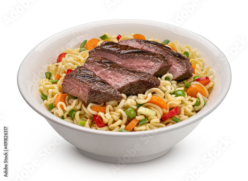 Instant noodles with grilled beef isolated on white background