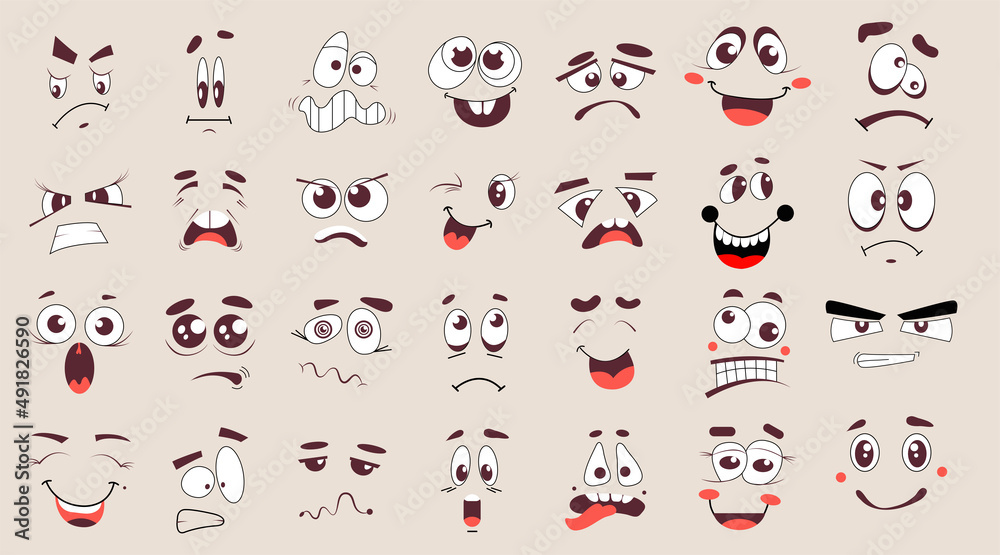 Cartoon faces. Funny face expressions, caricature emotions. 50s, 60s old animation eyes and mouths elements. Vintage cosmic smile for the logo. Vector minimalistic faces on an isolated background Cartoon faces. Funny face expressions, caricature emotions. 50s, 60s old animation eyes and mouths elements. Vintage cosmic smile for the logo. Vector minimalistic faces on an isolated background