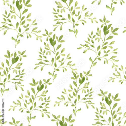 Floral seamless pattern. Watercolor pattern with tree branches. Green branches on a white background.