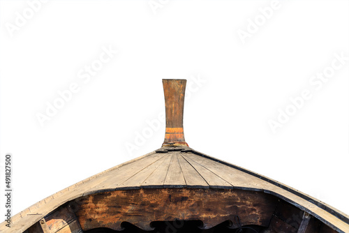 Wooden boat ship bow head nose front view isolated on white background.