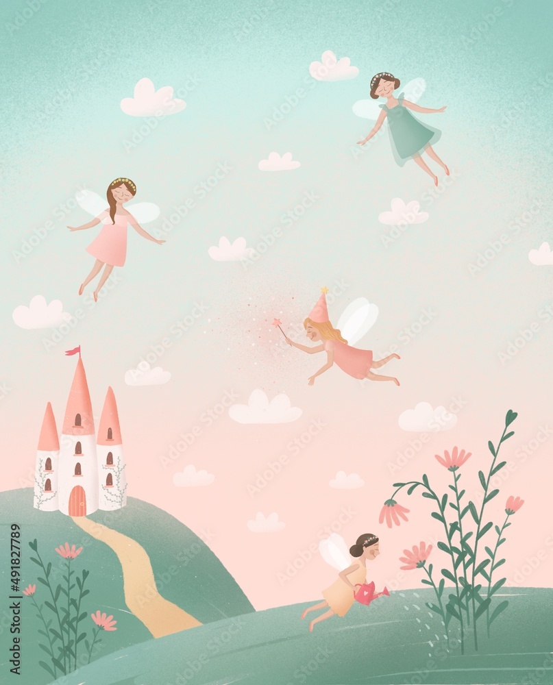 Obraz premium Cute little fairies in magic world children illustration