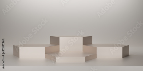 Shiny cream hexagon pedestal or podium on cream background. Metallic Ivory hexagon cube Blank display or clean room for showing product. Minimalist mockup for podium display or showcase. 3D rendering.