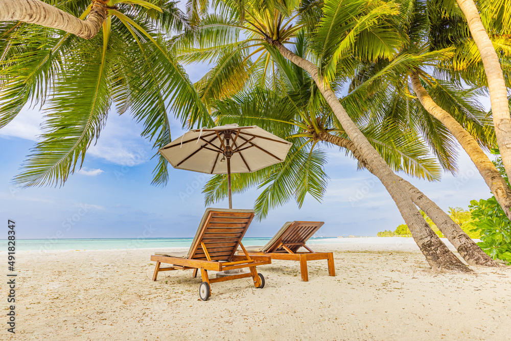 Amazing vacation beach. Chairs on the sandy beach near the sea. Summer romantic holiday concept for tourism. Tropical island landscape. Tranquil shore scenery, relax sand seaside horizon, palm leaves