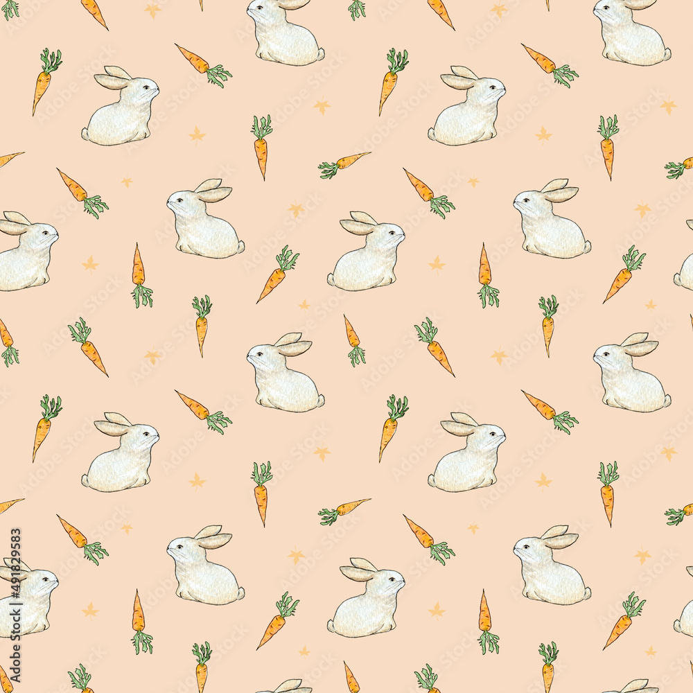 Watercolor Easter bunny. Seamless pattern with rabbit, carrot and leaf. Watercolor Easter bunny. Seamless pattern with rabbit, carrot and leaf.