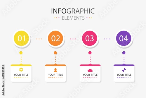 Four modern text box infographics elements circle and square shape for use in business, present team work etc. Infographics elements with 4 colors.