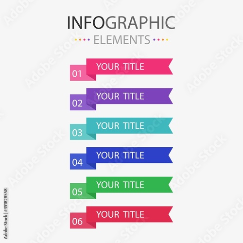 Flat infographic element ribbons style template colorful with 6 colors isolated on white background.