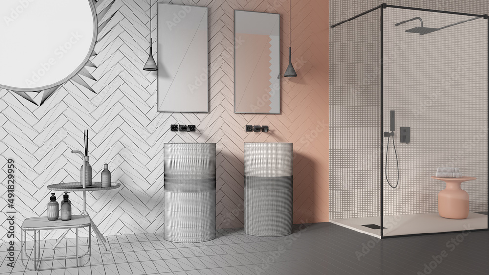 Architect interior designer concept: hand-drawn draft unfinished project that becomes real, bathroom, ceramics tiles, double washbasin, shower with mosaic and glass, round window Architect interior designer concept: hand-drawn draft unfinished project that becomes real, bathroom, ceramics tiles, double washbasin, shower with mosaic and glass, round window
