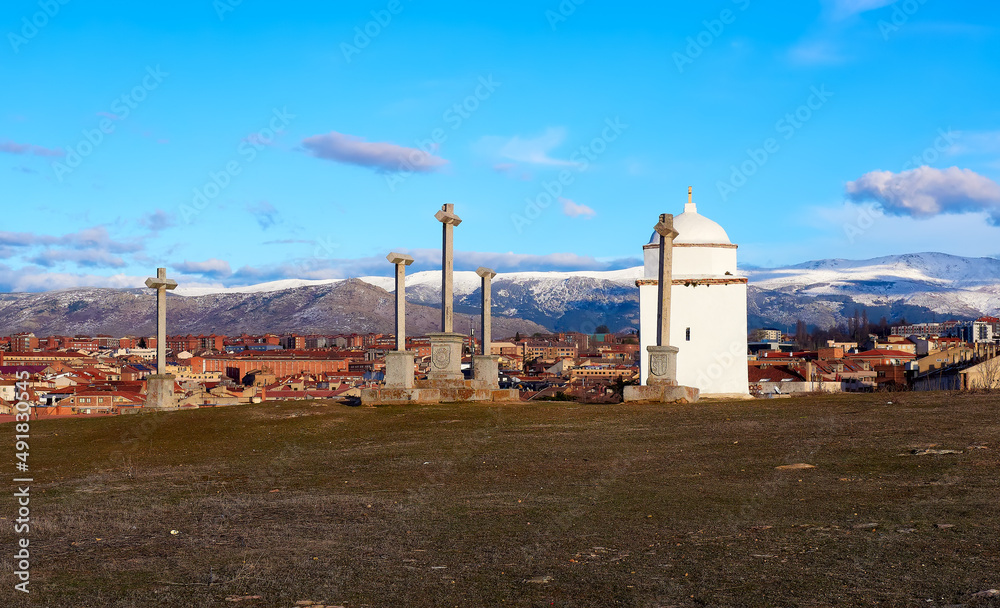 Panoramic view of at sunset in the white hermitage and crosses of the Altos de la Piedad, in the city of Segovia,Castila y Leon,Spain