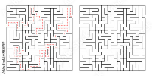 Square maze, a simple logic game with labyrinths. Vector maze game.