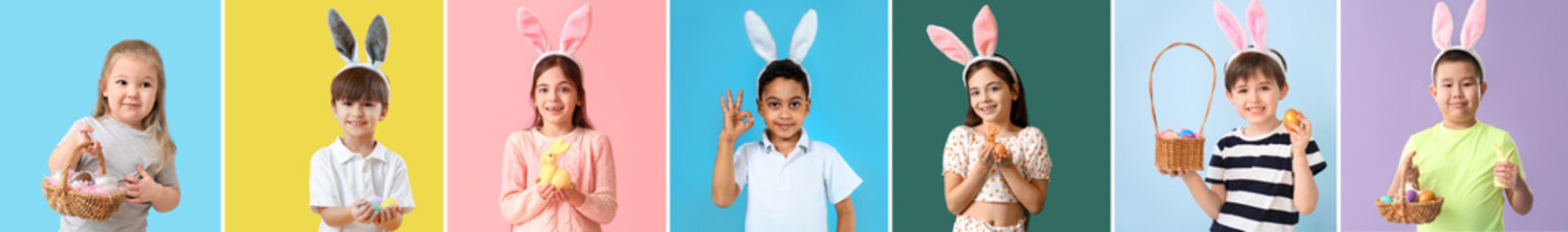 Cute little boy with basket of Easter eggs on color background