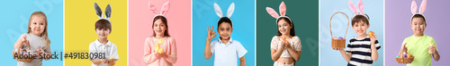 Photography Cute little boy with basket of Easter eggs on color background