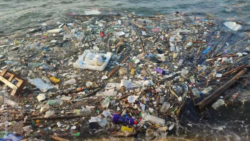 Garbage floating on the coast. Environmental pollution Rubbish plastic bottles, bags, trash floating in the water. Concept of sea ocean water pollution