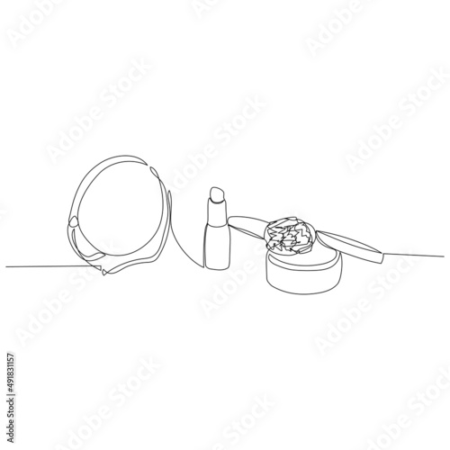 Lipstick decorative cosmetics for makeup concept. Minimalistic line art. Continuous line drawing of makeup products.
