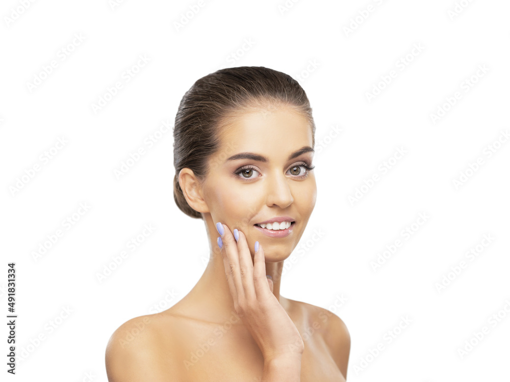 Studio portrait of a young, beautiful and healthy girl. Attractive female face isolated on white background. Studio portrait of a young, beautiful and healthy girl. Attractive female face isolated on white background.
