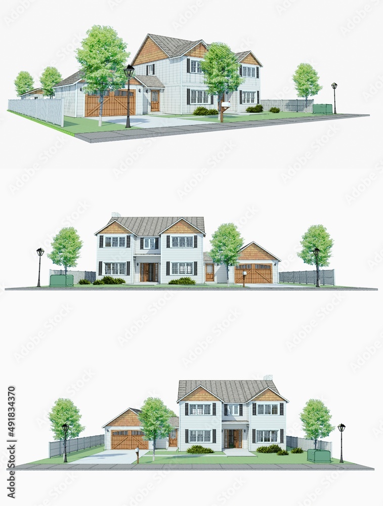 3d illustration. Modern house with garden and garage. 3d rendering.