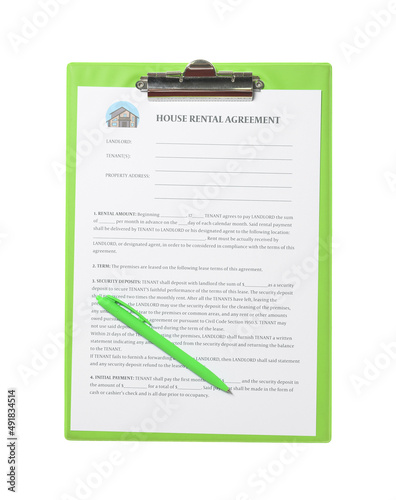 Clipboard with house rental agreement and pen on white background