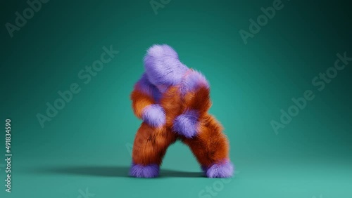 3D render of funny colorful furry mascot dancing joyfully. Fur monster dance.