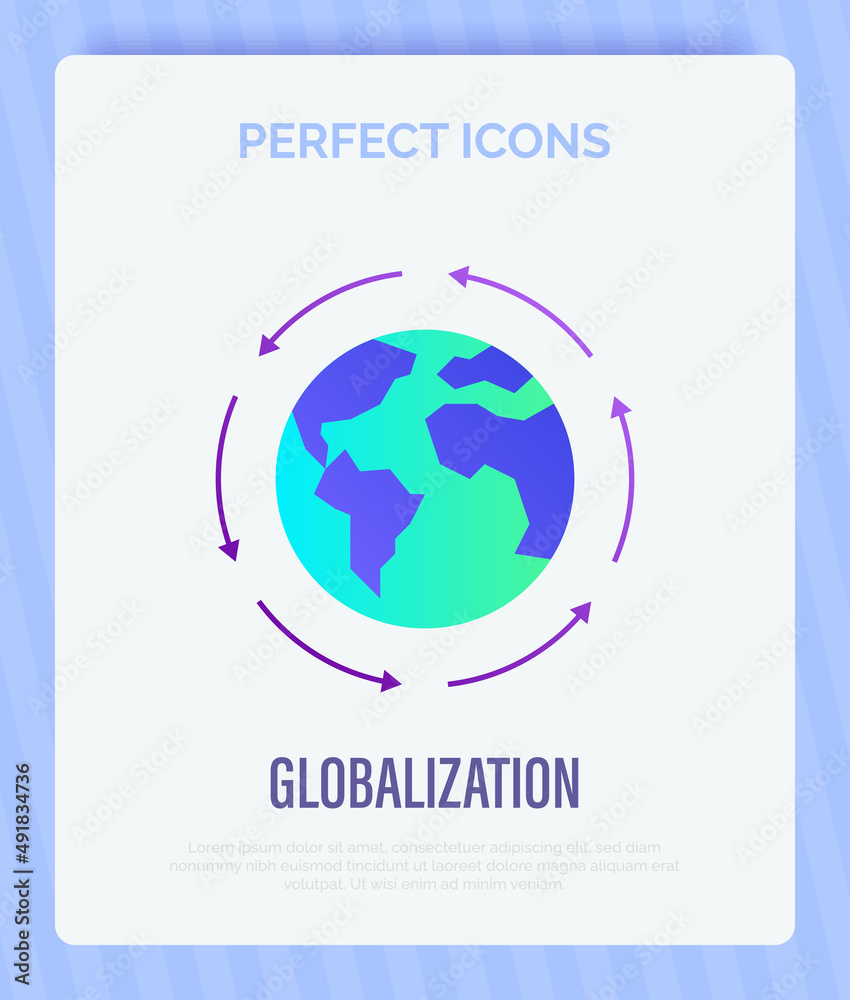 Fototapeta premium Globalization, arrows around the planet. Gradient flat icon. International business, worldwide distribution, logistic transportation. Overconsumption. Vector illustration.